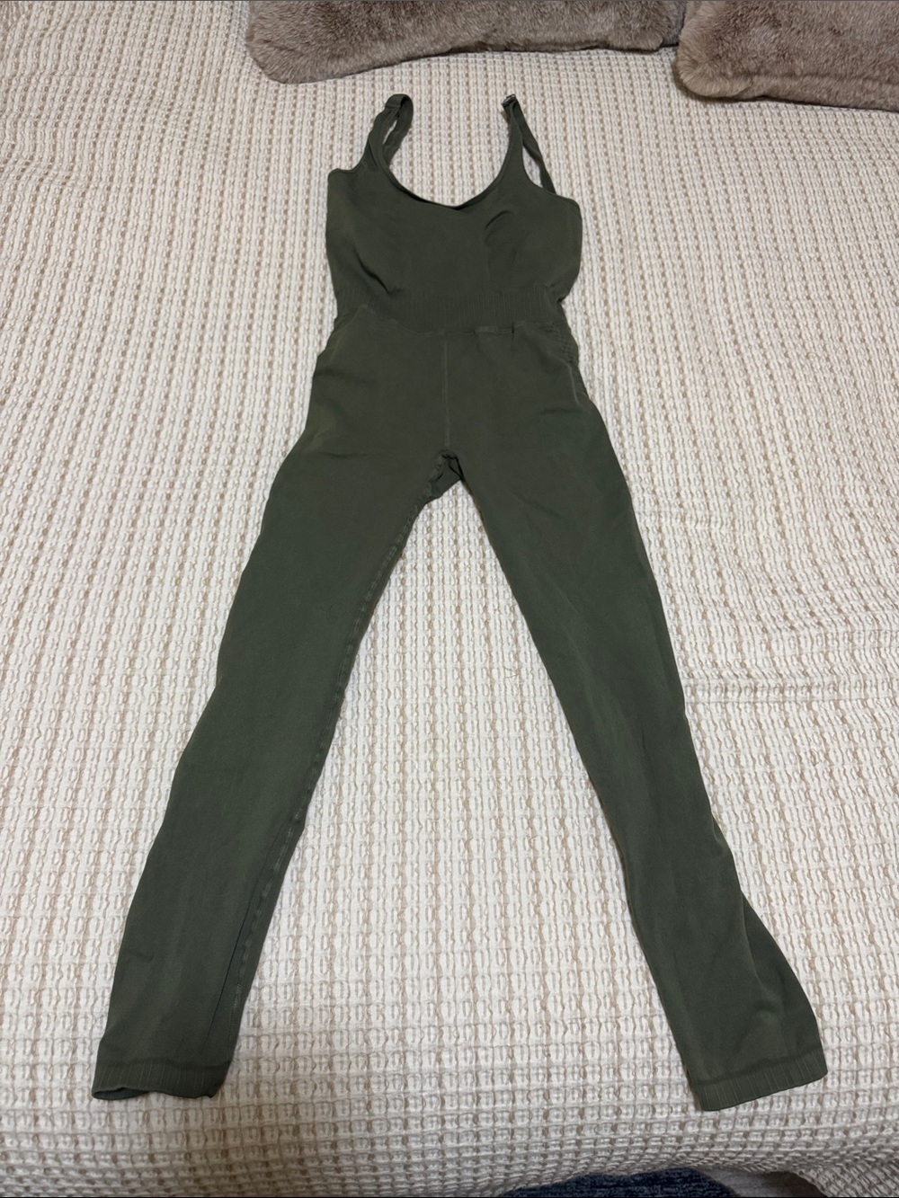 Free People Olive Ribbed Strap Jumpsuit